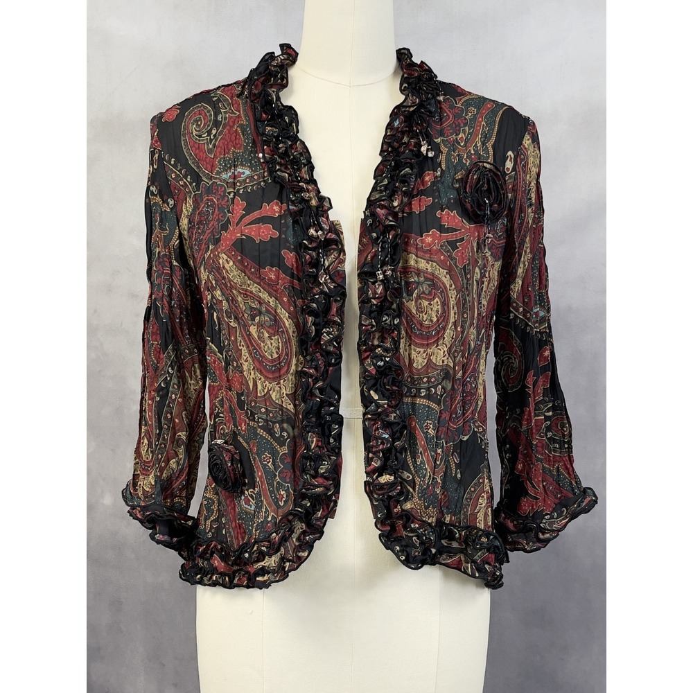 Agora Paisley Ruffle Open Front Jacket Women Medium Romantic Boho Artsy Fairy